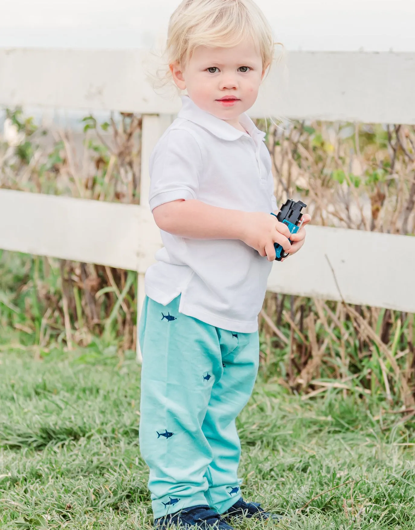 Turquoise Corduroy Pants with Navy Sharks