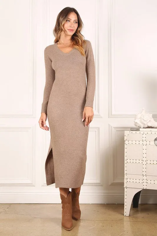 V-neck sweater maxi dress with slit