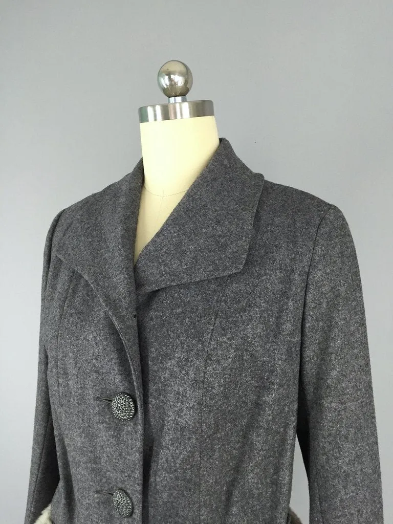 Vintage 1940s Grey Wool Jacket with Fur Trim