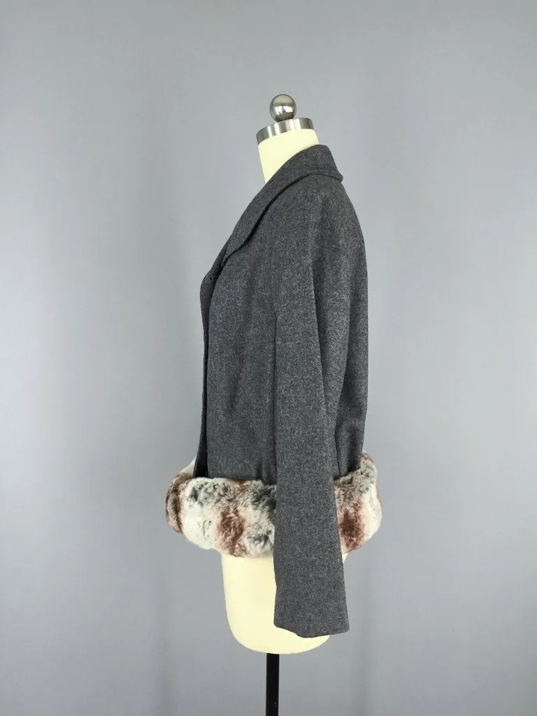 Vintage 1940s Grey Wool Jacket with Fur Trim