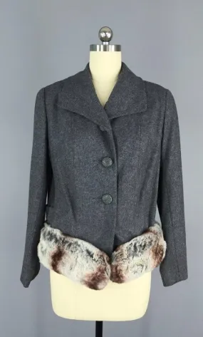 Vintage 1940s Grey Wool Jacket with Fur Trim