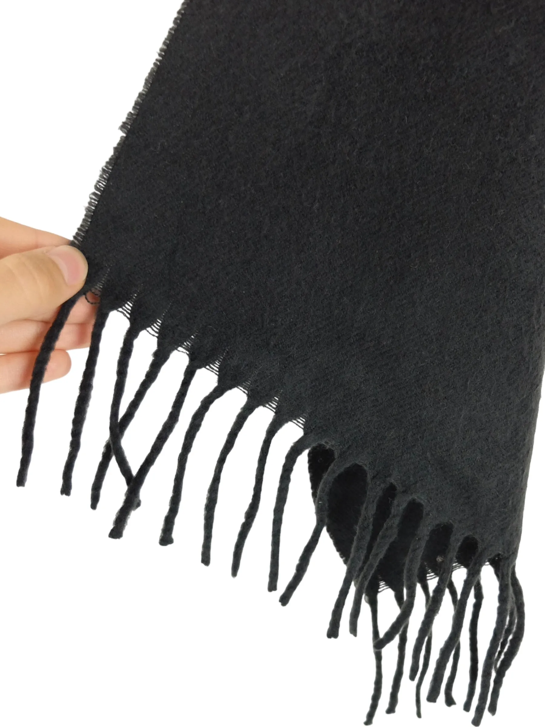 Vintage 90s Minimalist Chic Wool Solid Basic Black Long Wide Winter Scarf with Fringe