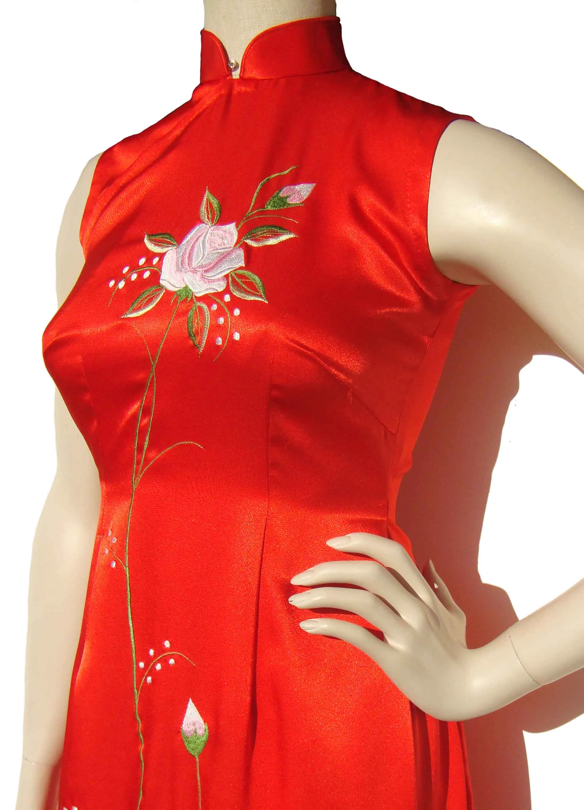 Vintage Red Silk Ao Dai Vietnamese Dress & Trousers Set S XS