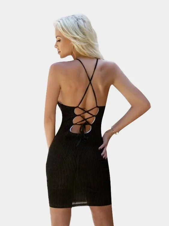 Wholesale Black V-Neck Sleeveless Backless Lace-Up Bodycon Hem Dresses