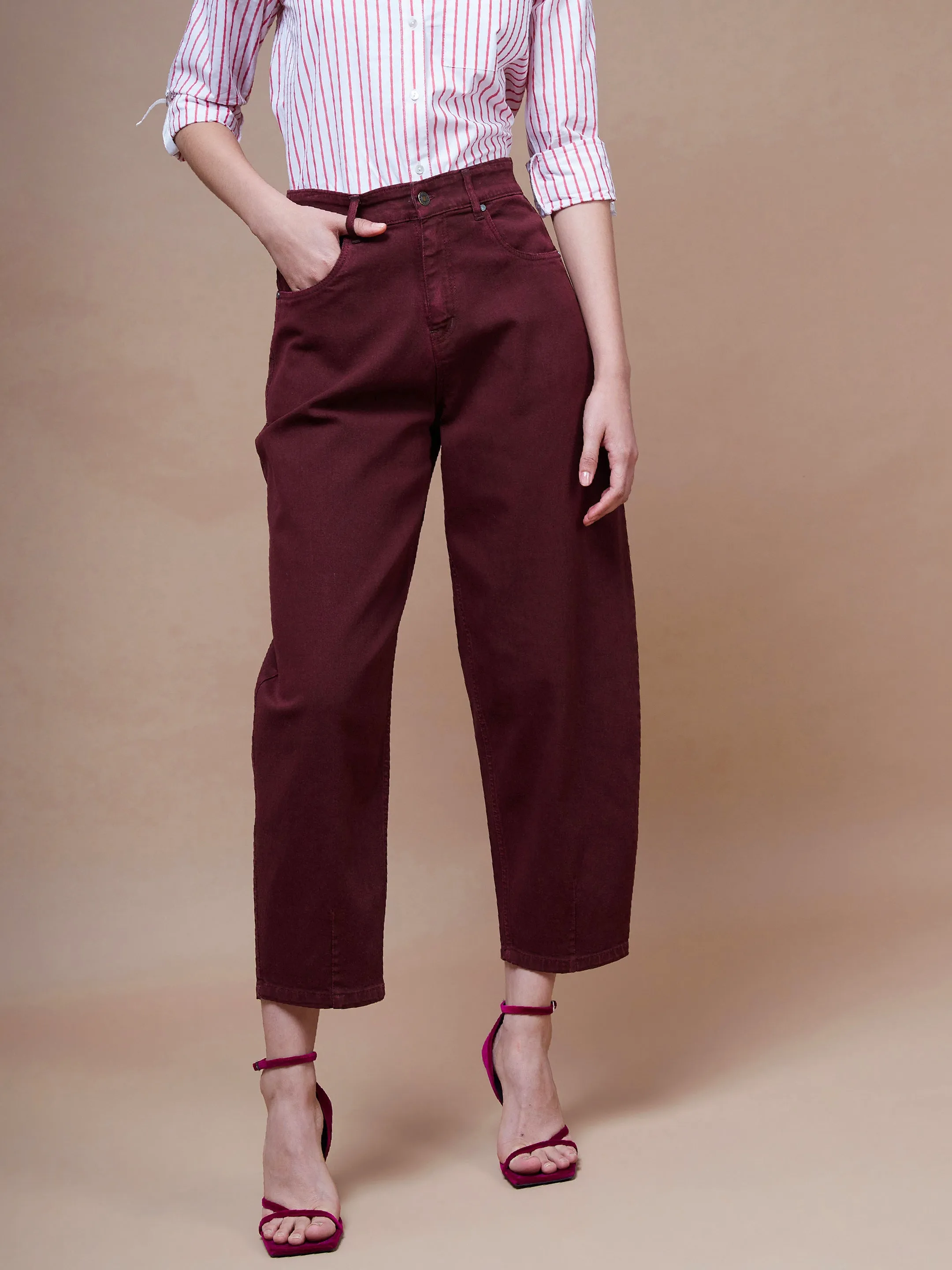 Women Burgundy Balloon Fit Jeans