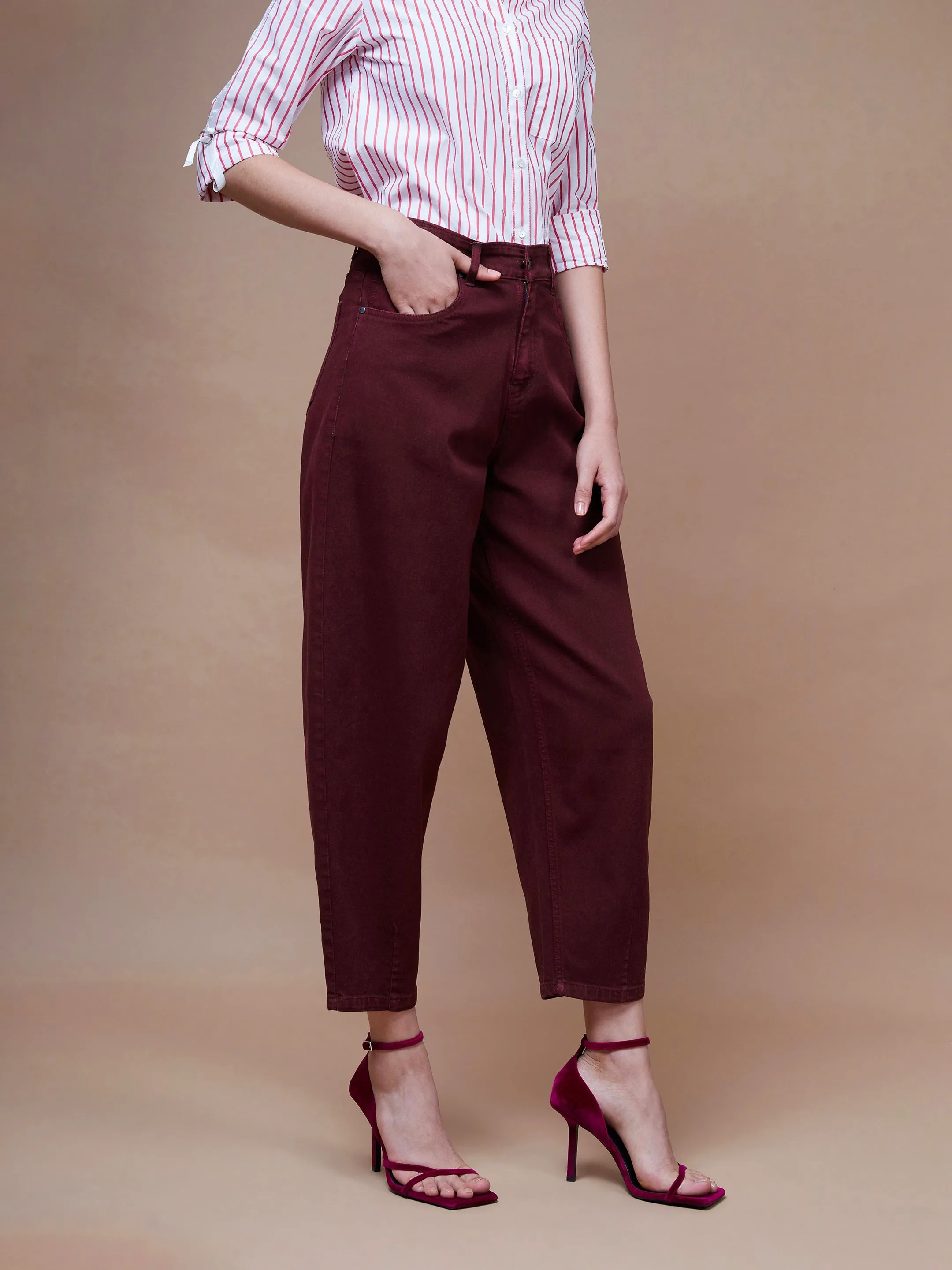 Women Burgundy Balloon Fit Jeans