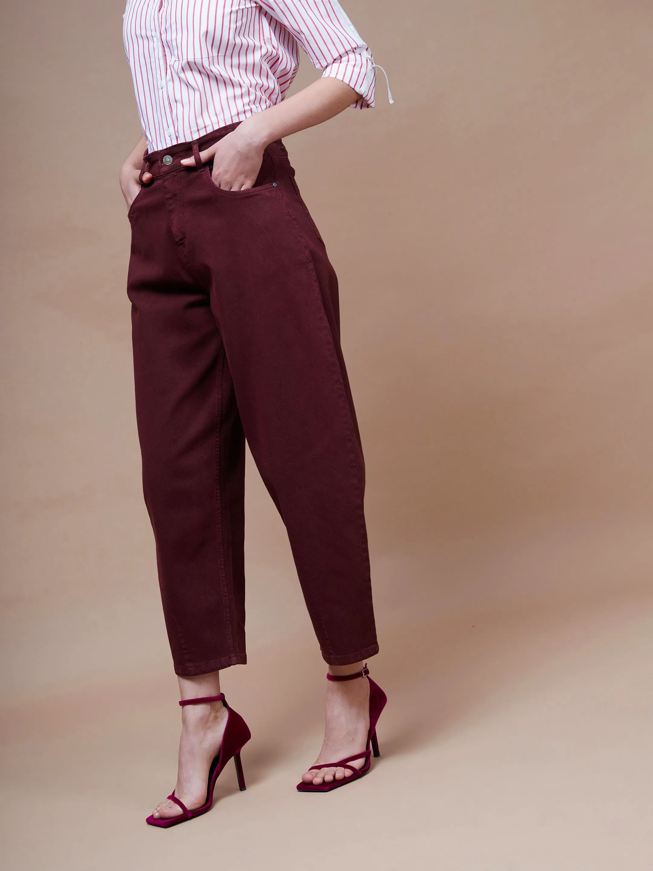 Women Burgundy Balloon Fit Jeans