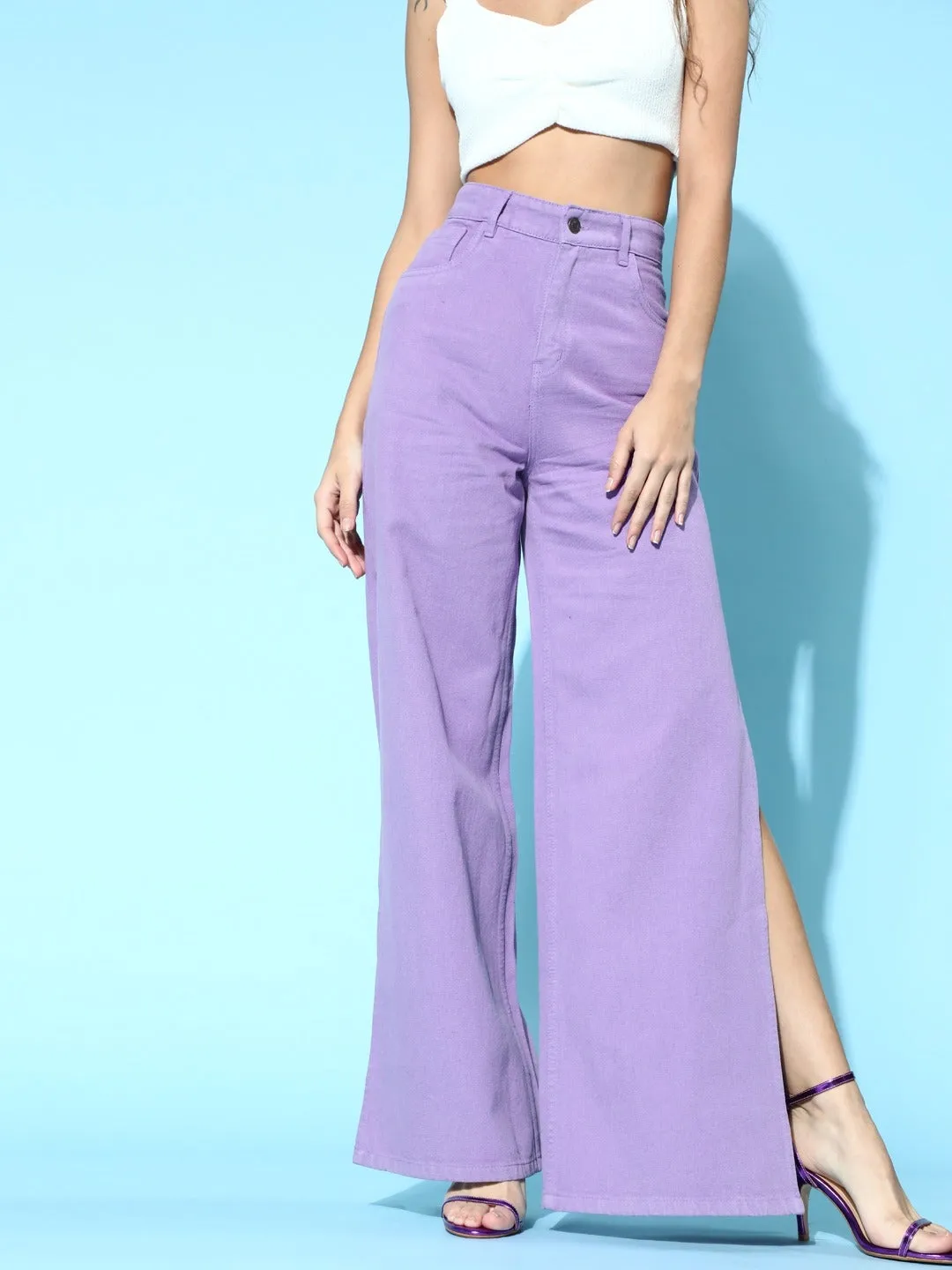 Women Lavender Side Slit Straight Jeans