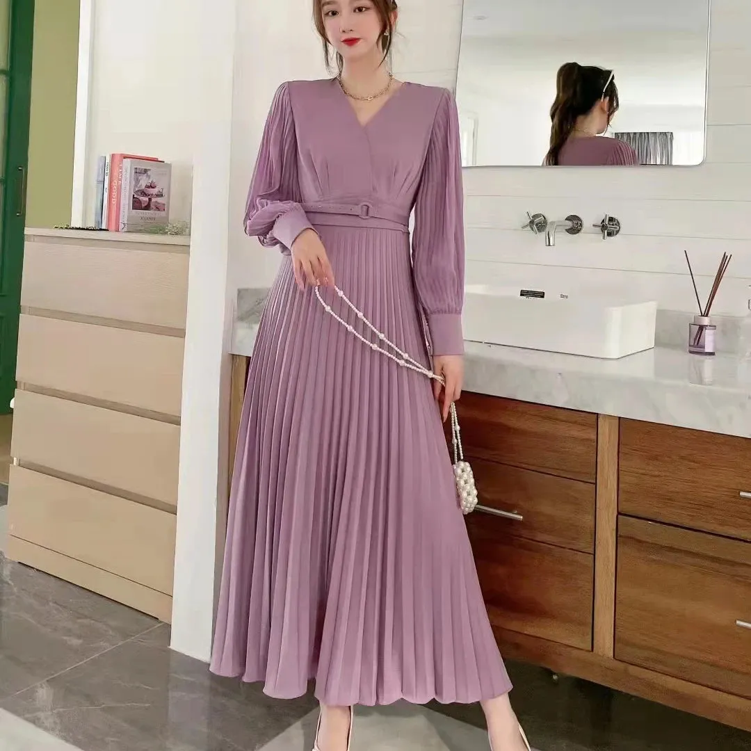 Women Slim Pleated Maxi Dress with Belt Female Streetwear Vintage dress Tie Front Dress  Robe