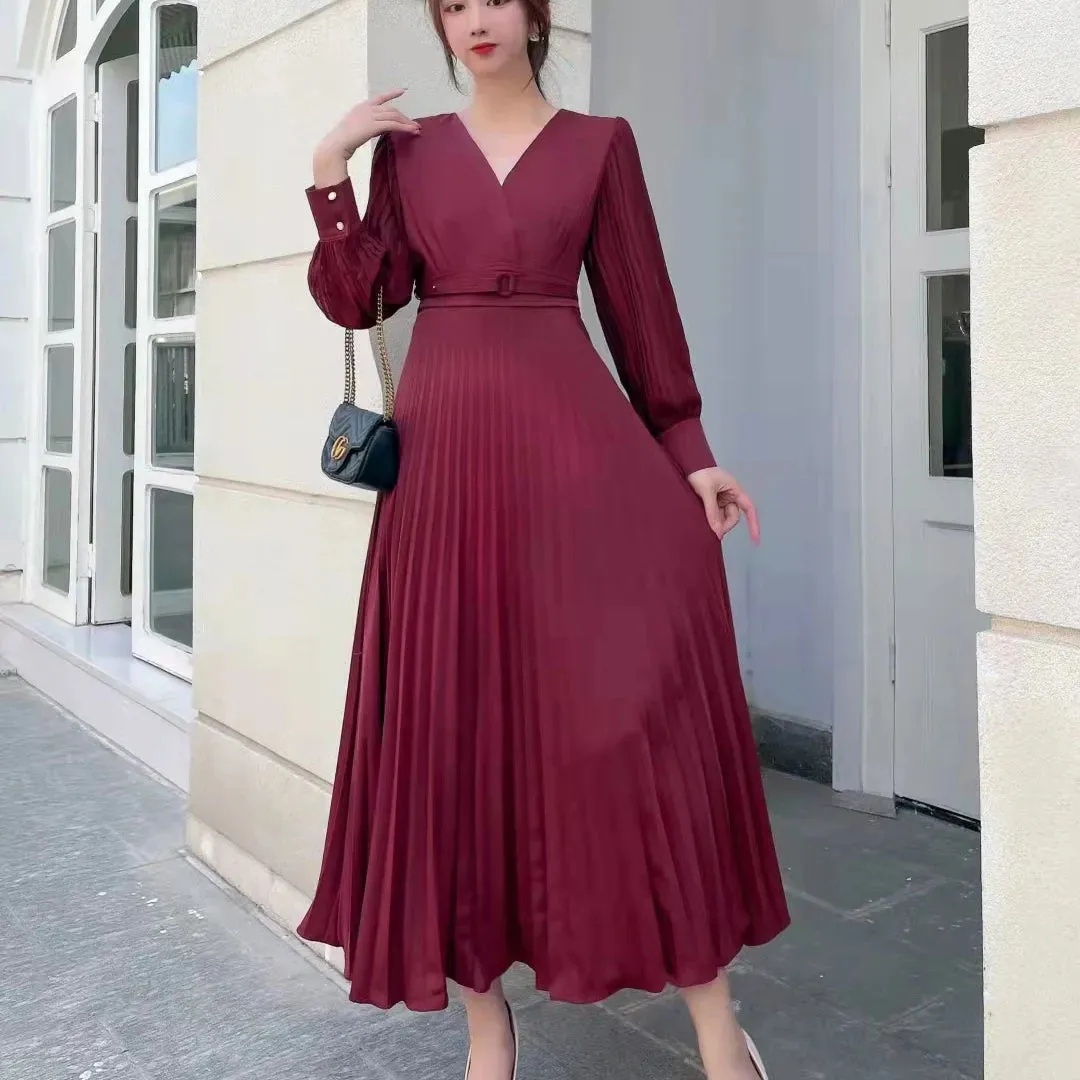 Women Slim Pleated Maxi Dress with Belt Female Streetwear Vintage dress Tie Front Dress  Robe