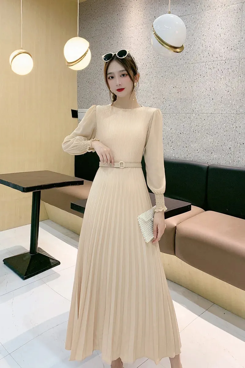 Women Slim Pleated Maxi Dress with Belt Female Streetwear Vintage dress Tie Front Dress  Robe