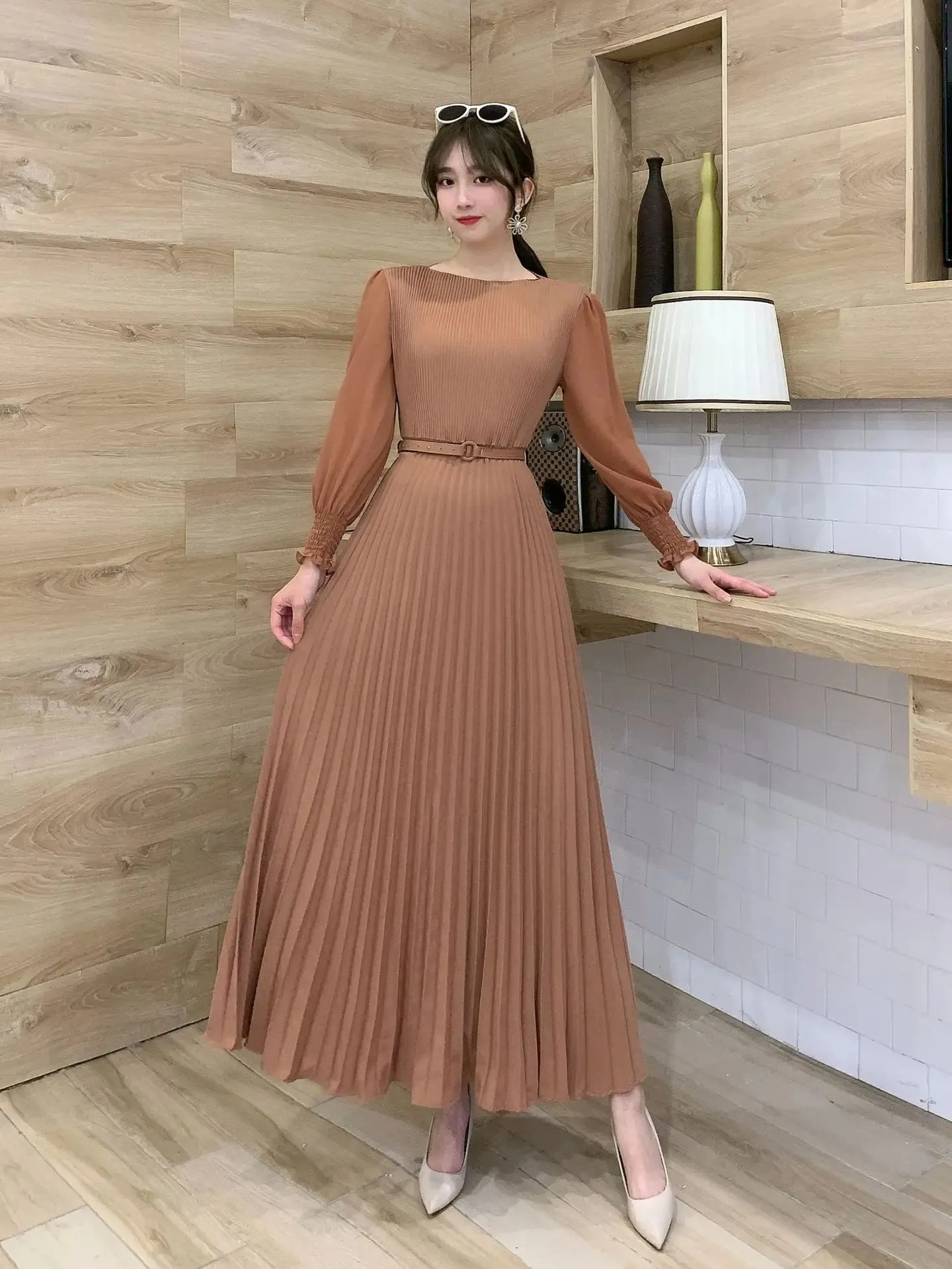 Women Slim Pleated Maxi Dress with Belt Female Streetwear Vintage dress Tie Front Dress  Robe