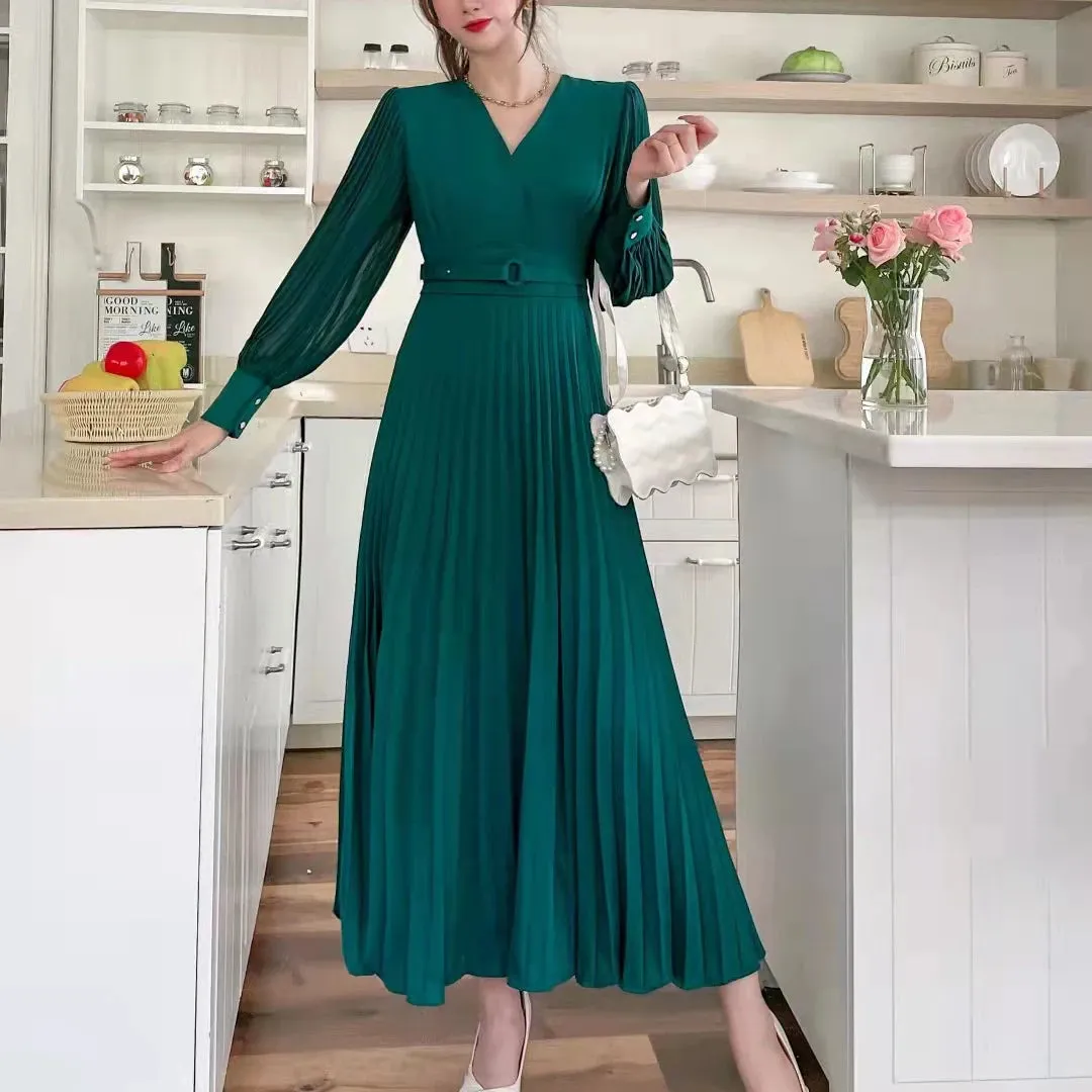 Women Slim Pleated Maxi Dress with Belt Female Streetwear Vintage dress Tie Front Dress  Robe