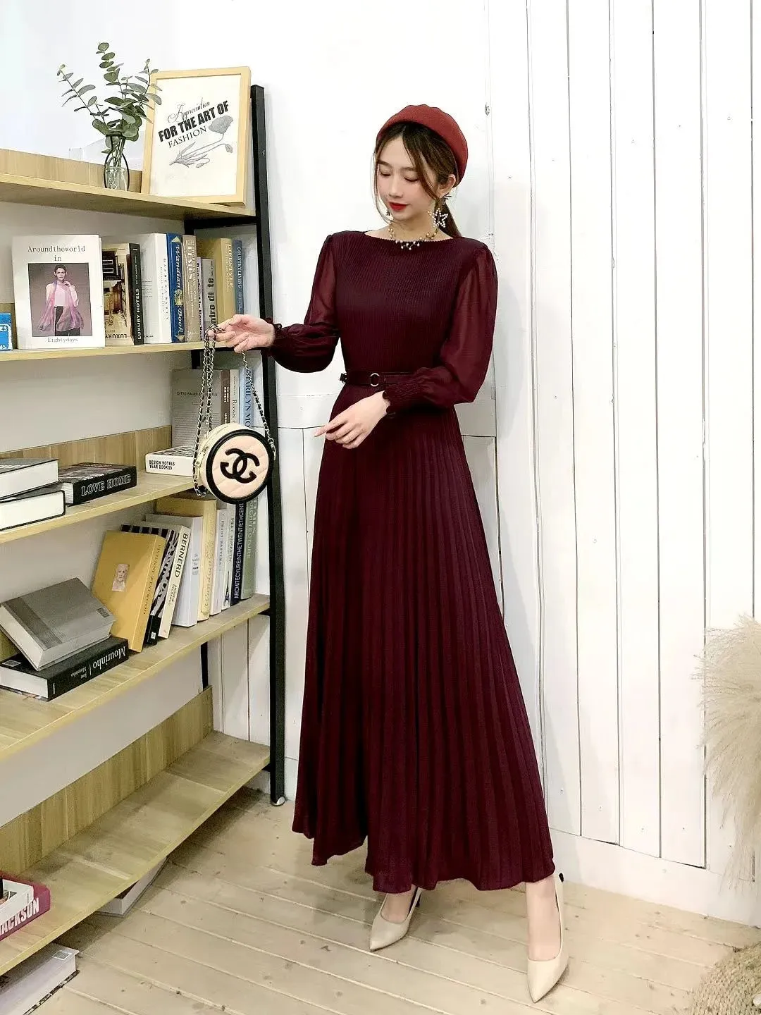 Women Slim Pleated Maxi Dress with Belt Female Streetwear Vintage dress Tie Front Dress  Robe