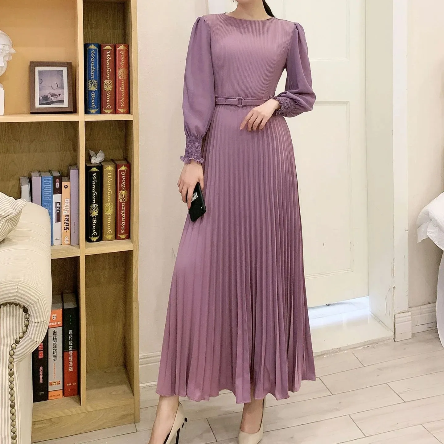 Women Slim Pleated Maxi Dress with Belt Female Streetwear Vintage dress Tie Front Dress  Robe