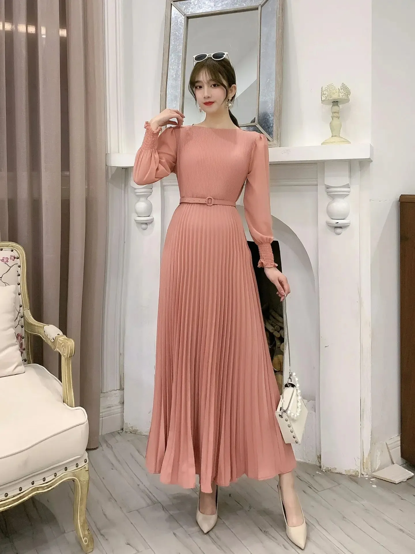 Women Slim Pleated Maxi Dress with Belt Female Streetwear Vintage dress Tie Front Dress  Robe