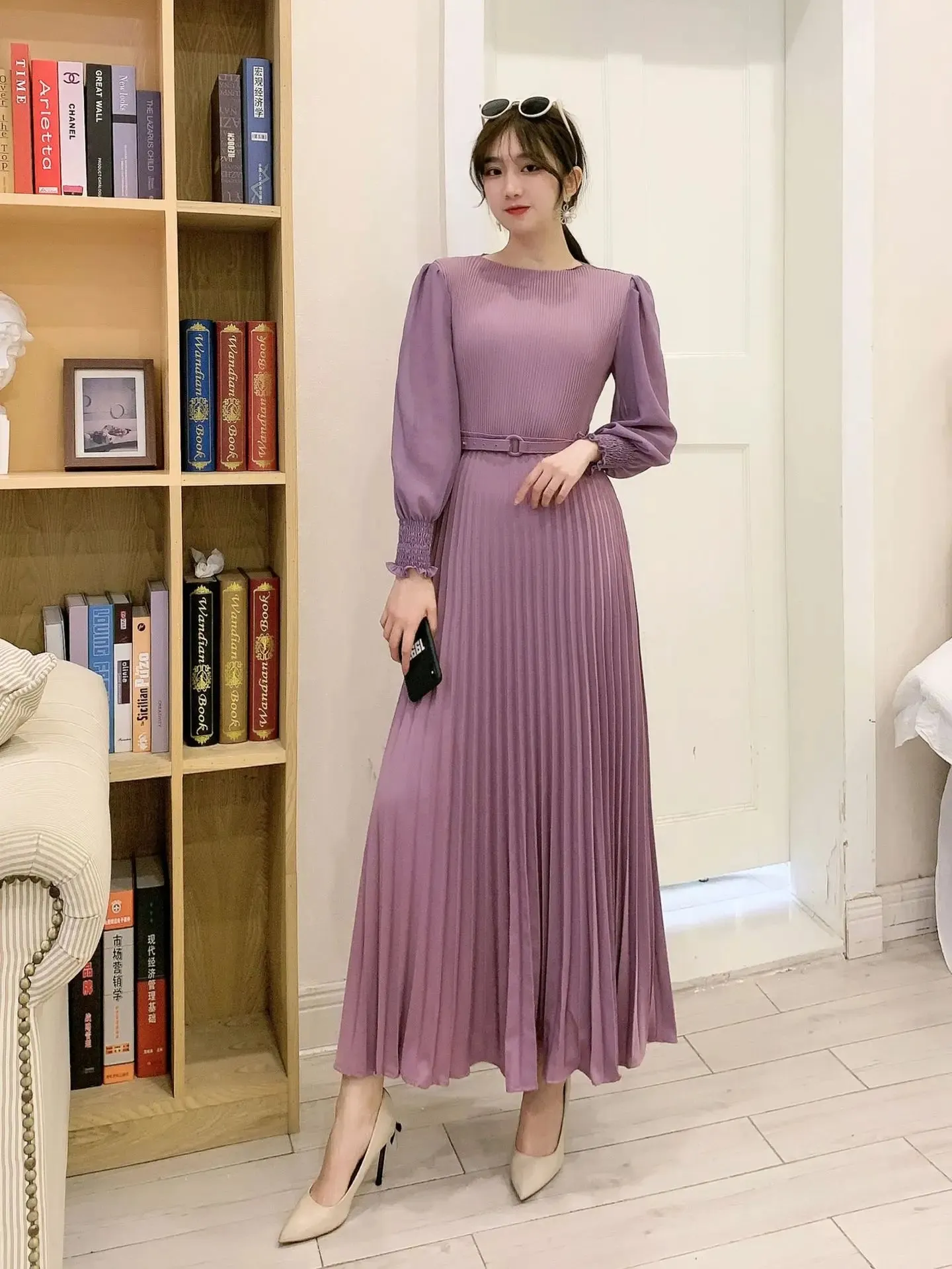 Women Slim Pleated Maxi Dress with Belt Female Streetwear Vintage dress Tie Front Dress  Robe