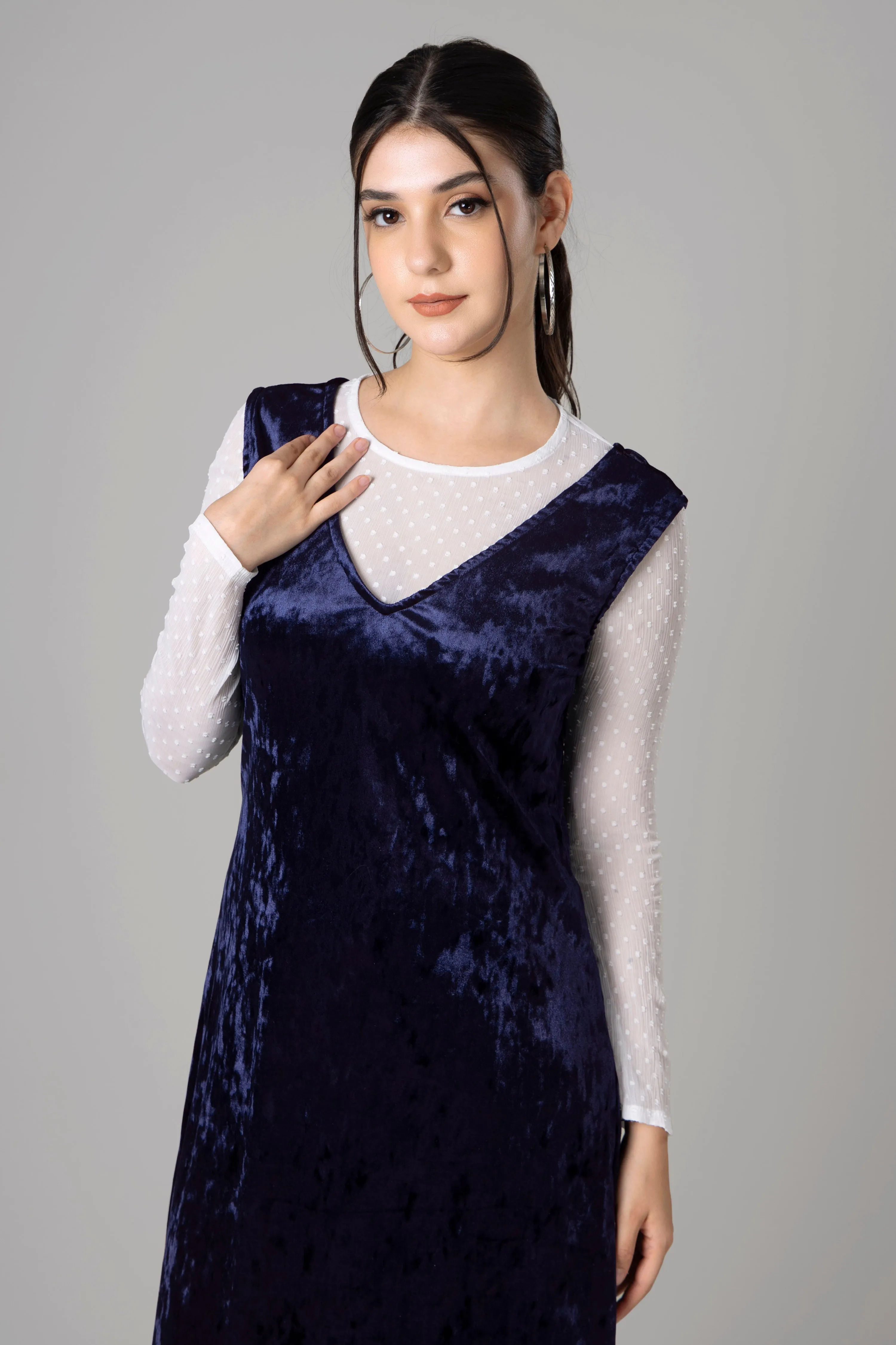 Womens Blue Velvet Bodycon Pinafore Dress