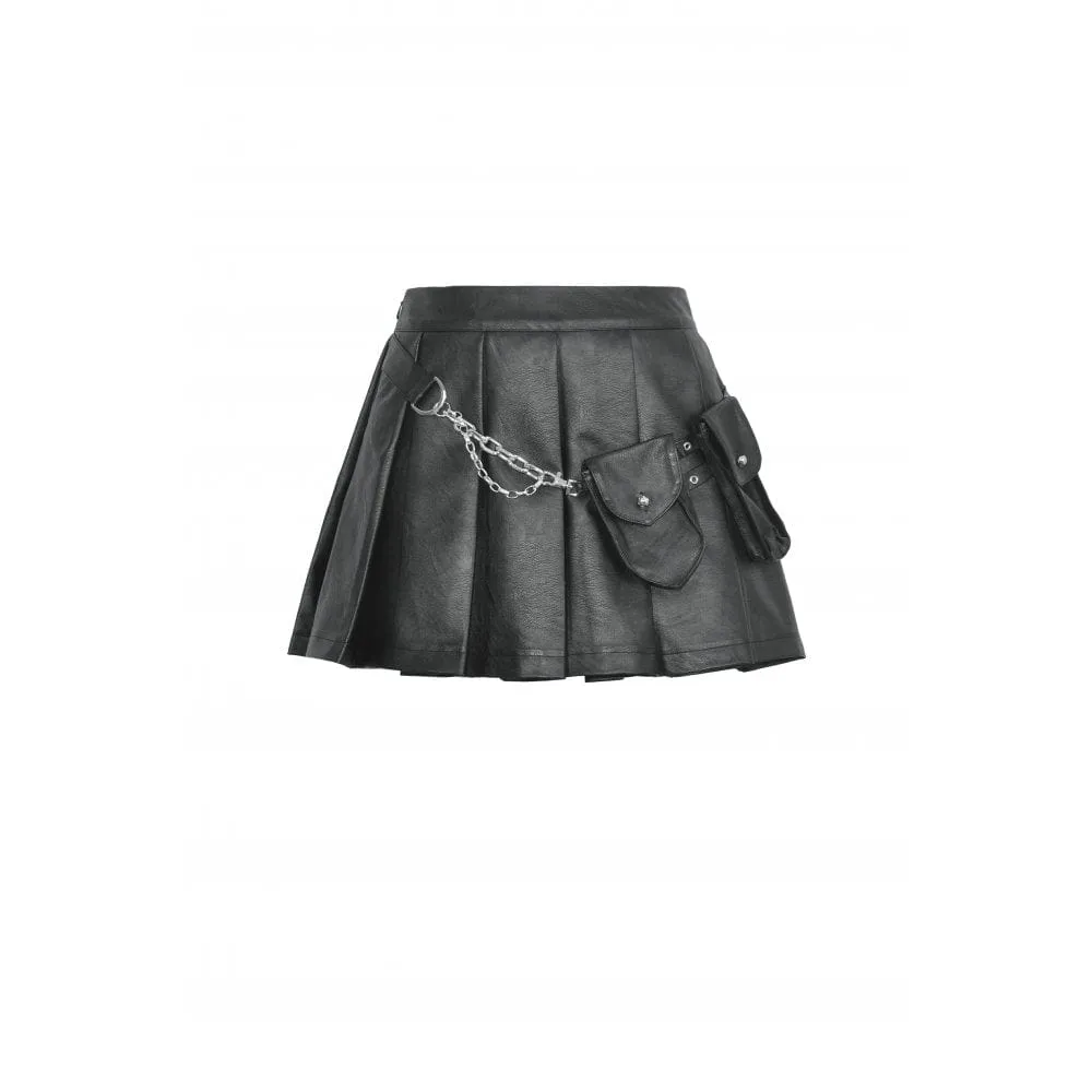 Women's Punk Multi-pocket Faux Leather Pleated Skirt