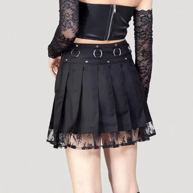 Women's Punk Studded Lace Splice Pleated Skirt