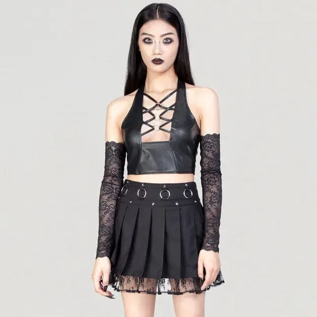 Women's Punk Studded Lace Splice Pleated Skirt