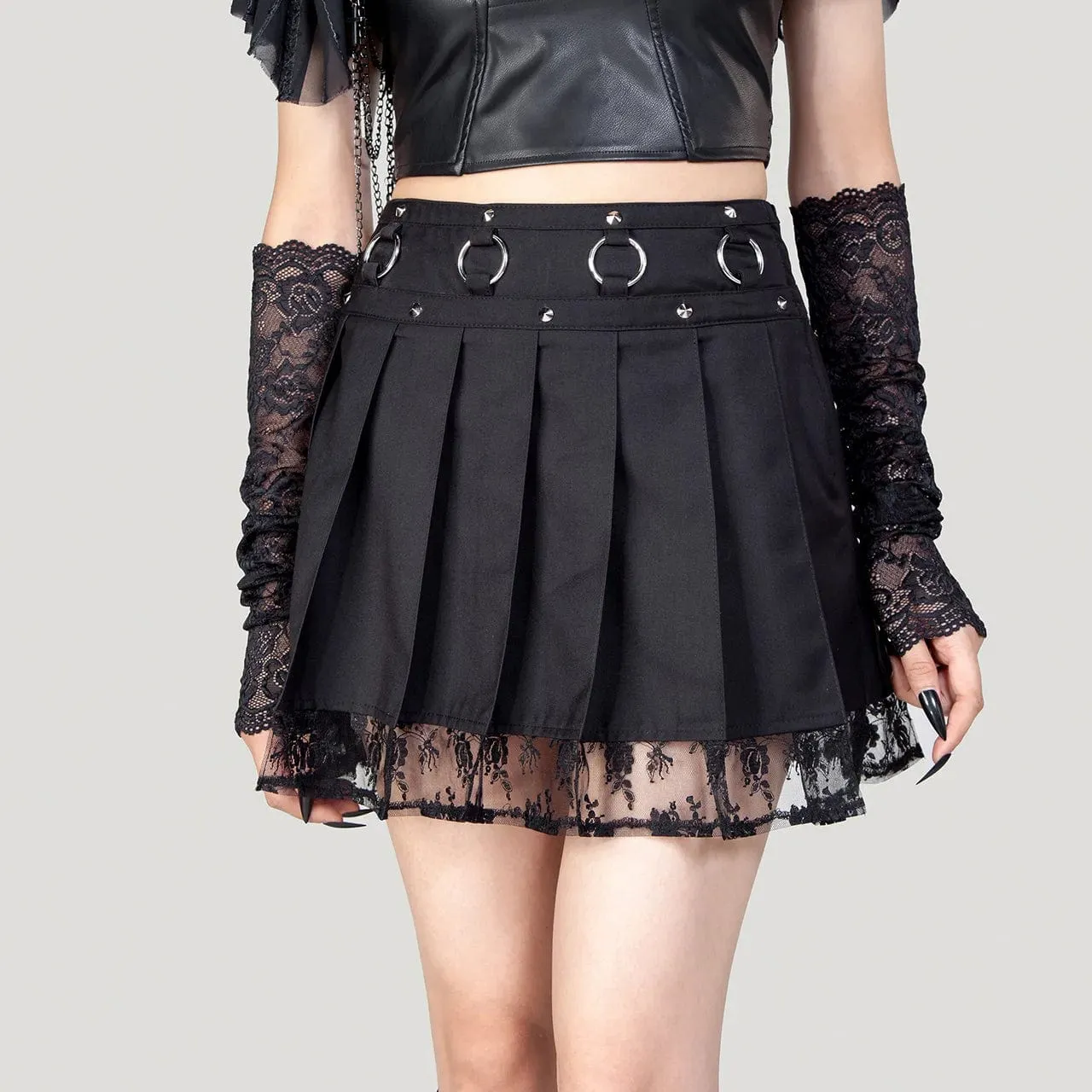 Women's Punk Studded Lace Splice Pleated Skirt