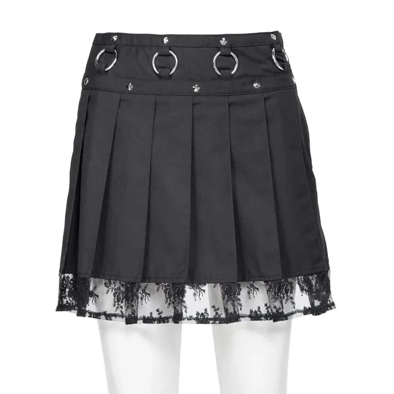 Women's Punk Studded Lace Splice Pleated Skirt