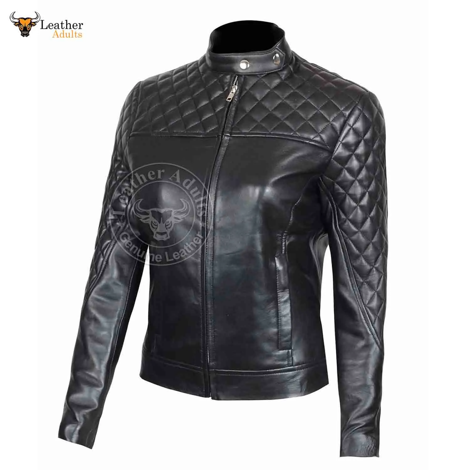 Womens Real Lambskin Leather Slim Fit Ladies Black Quilted Bikers Jacket