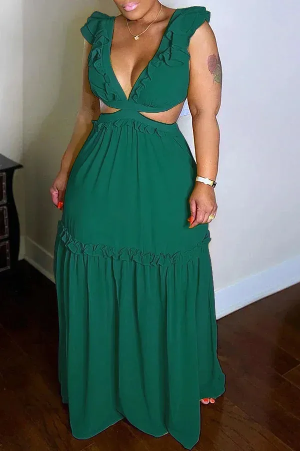 Women’s Ruffles V-Neck Sleeveless Open Back Maxi Dress