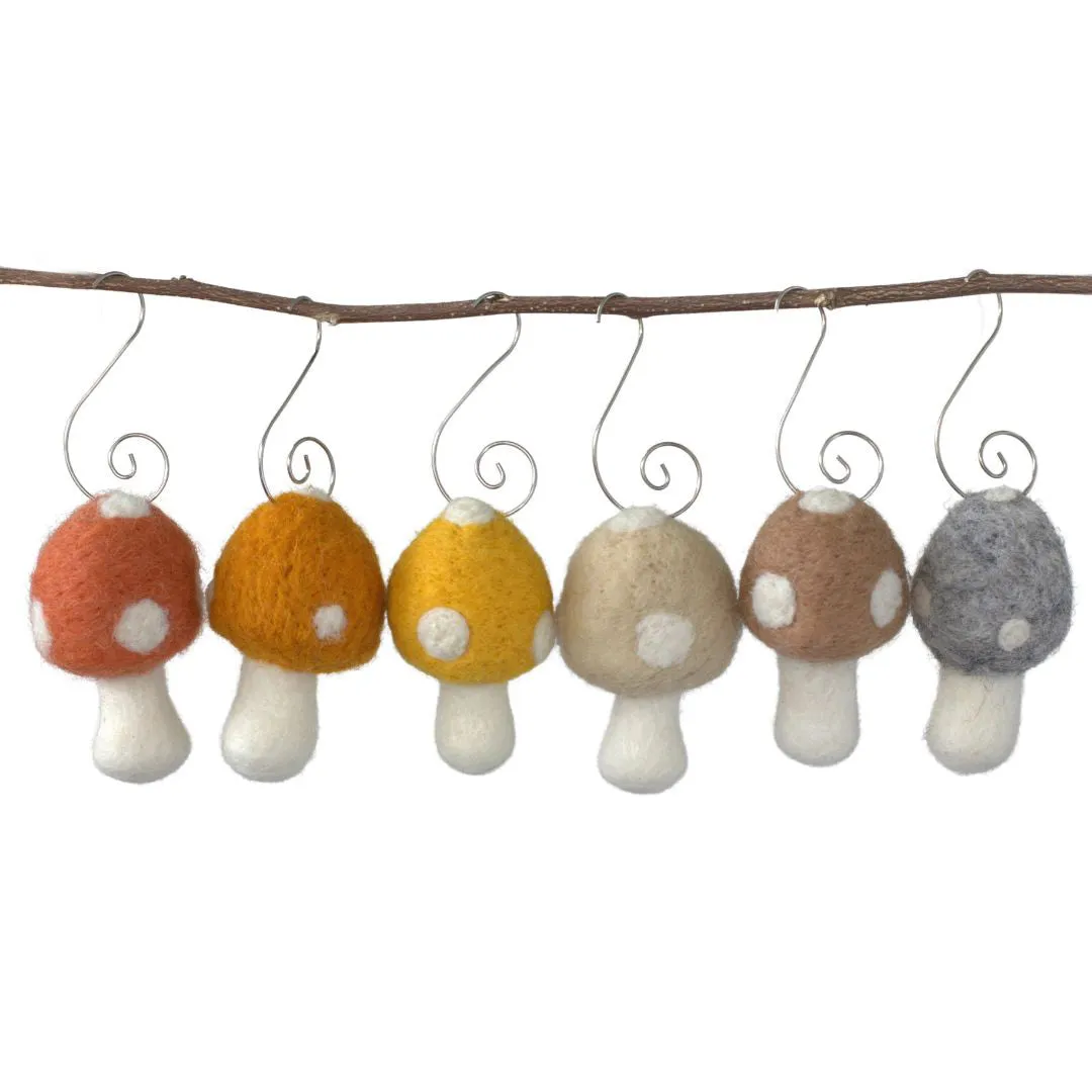 Wool Felt Mushroom Ornaments- Neutral Colors- 6 Pieces