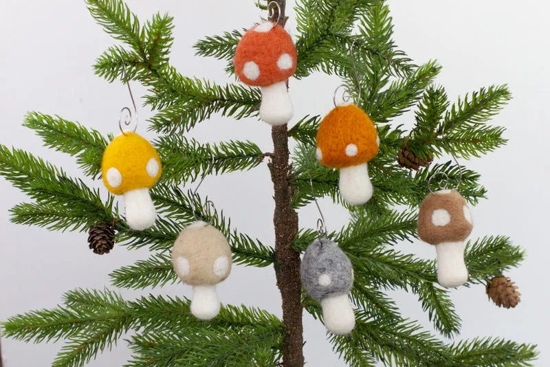 Wool Felt Mushroom Ornaments- Neutral Colors- 6 Pieces