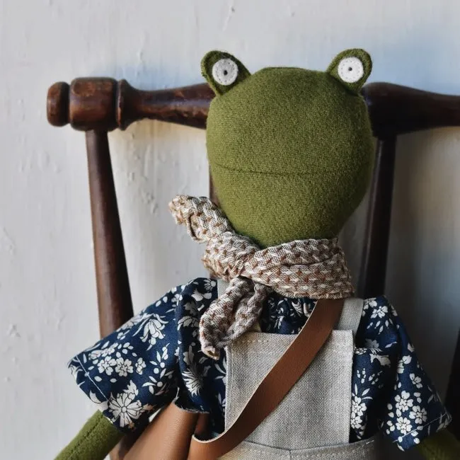 Woolgrass Farm Fern the Frog Doll in Linen Overalls