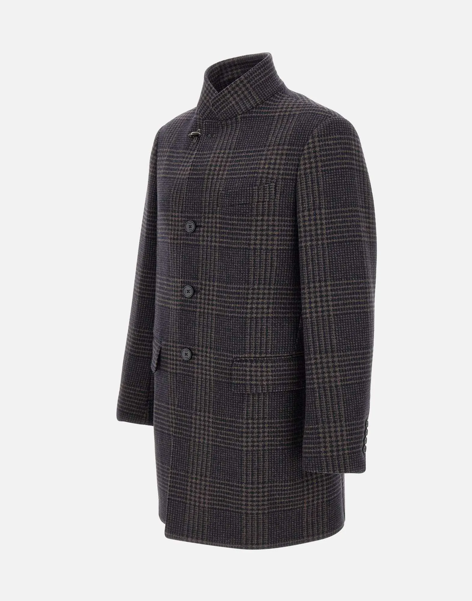 Yarn-Dyed Wool Blend Coat in Blue and Brown