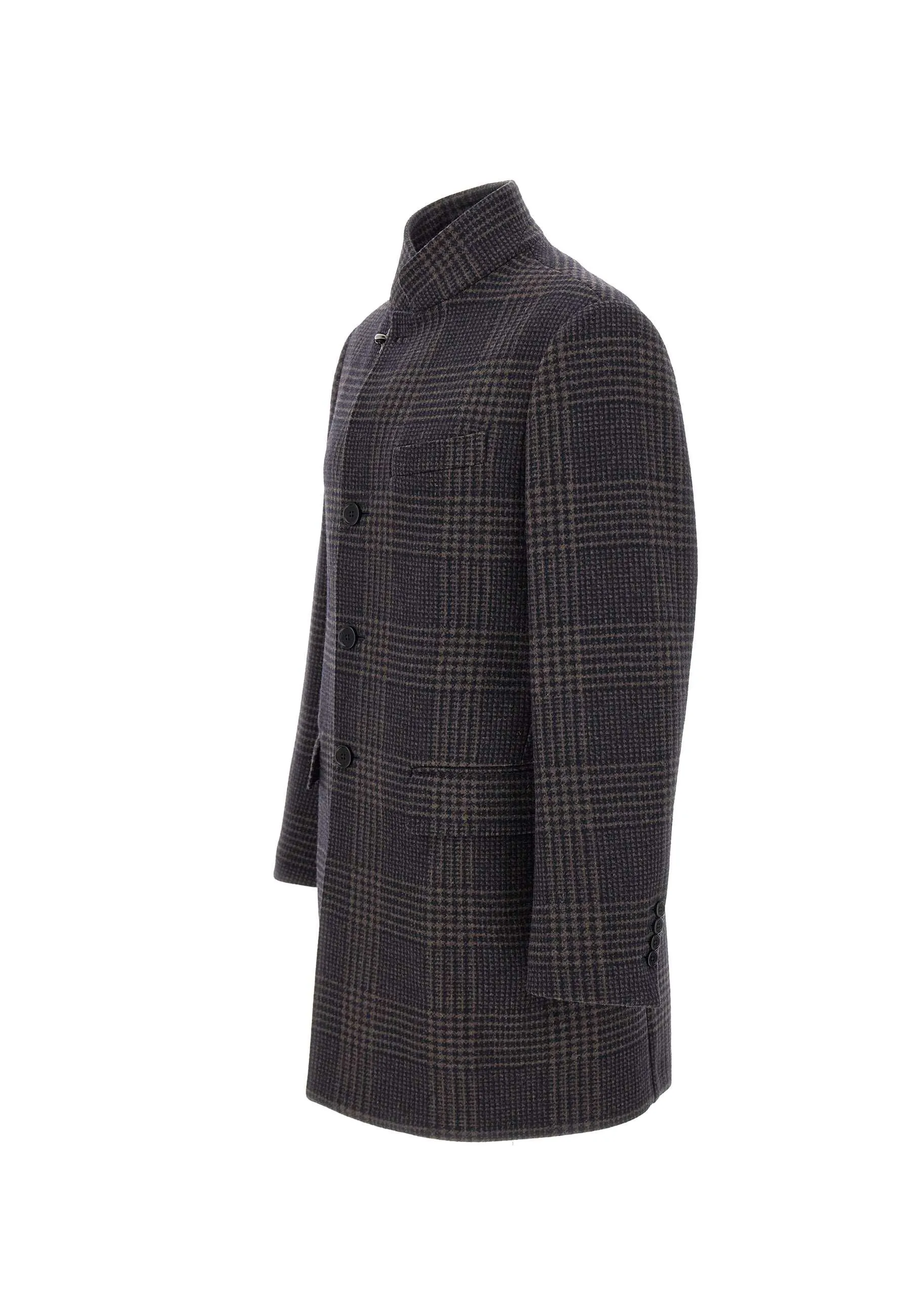 Yarn-Dyed Wool Blend Coat in Blue and Brown