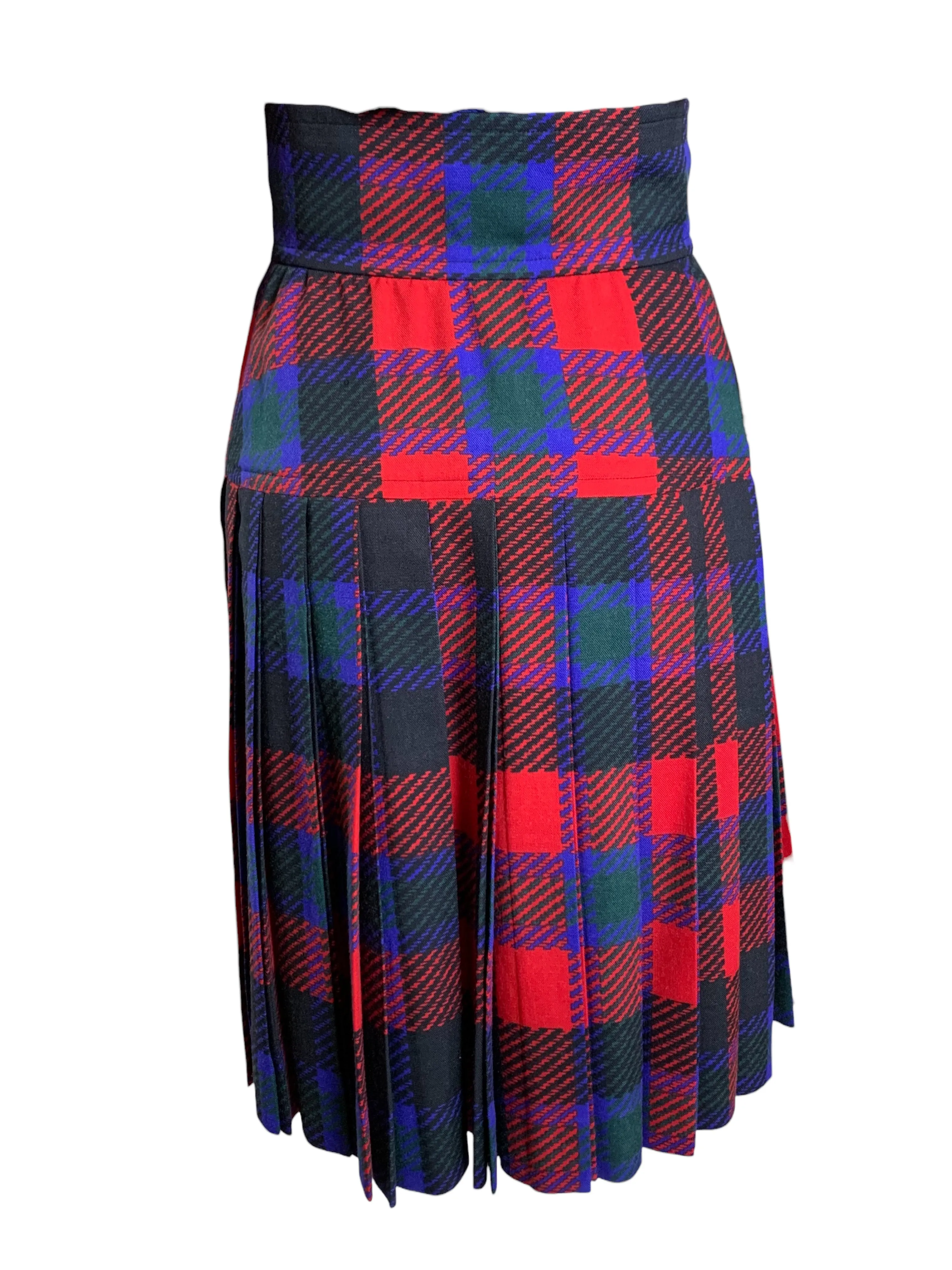 Yves Saint Laurent Rive Gauche Late '70s/ Early '80s Plaid  Silk Blouse   Pleated Wool Skirt Set