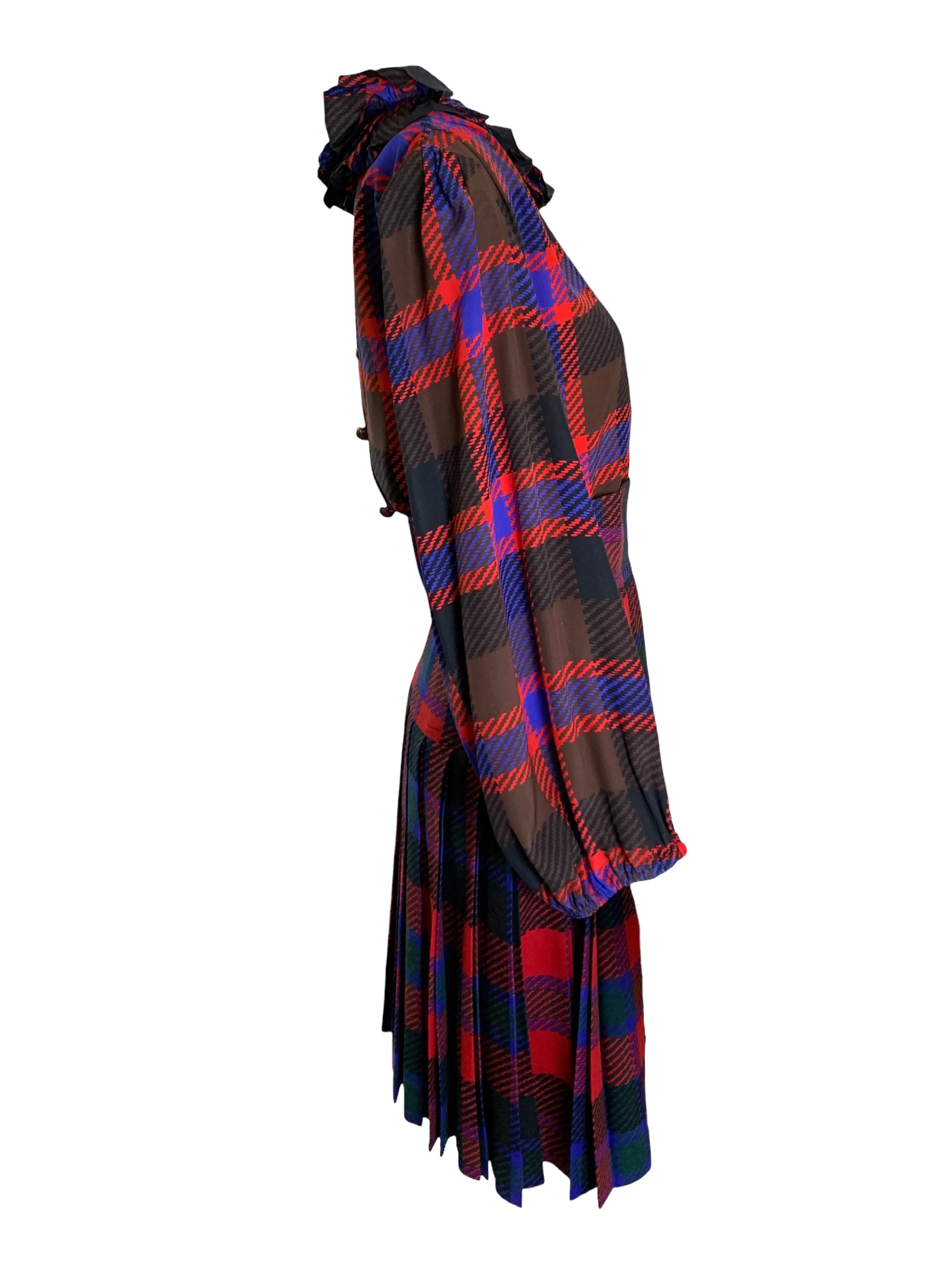 Yves Saint Laurent Rive Gauche Late '70s/ Early '80s Plaid  Silk Blouse   Pleated Wool Skirt Set